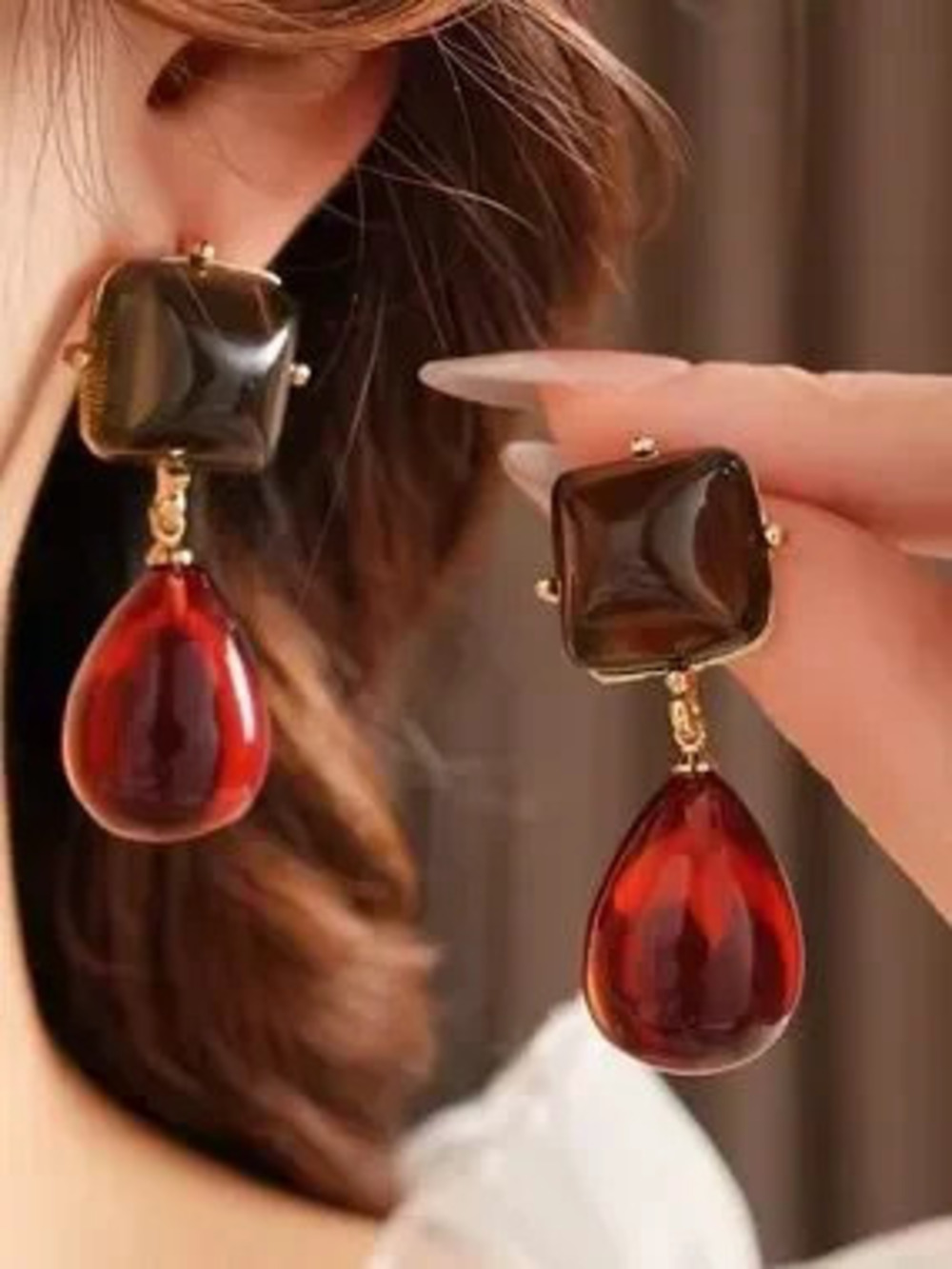 New Gold-Tone Red Drop & Smoky Square Dangle Earrings